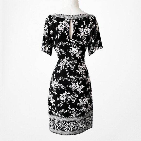 Vintage Y2K Black White Printed Knee Length Boho Knit Sheath Dress Size M - Picture 4 of 6